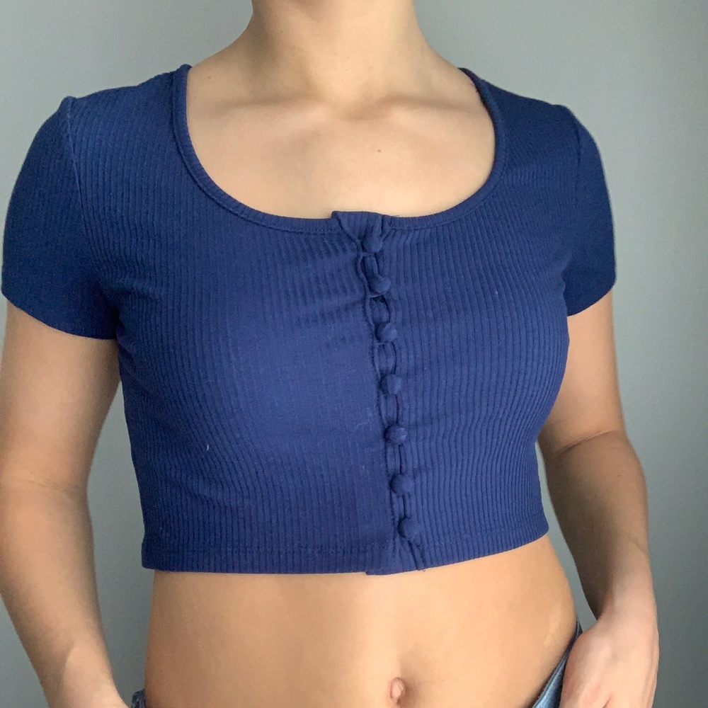 PacSun Blue Short Sleeve Button Front Crop Top